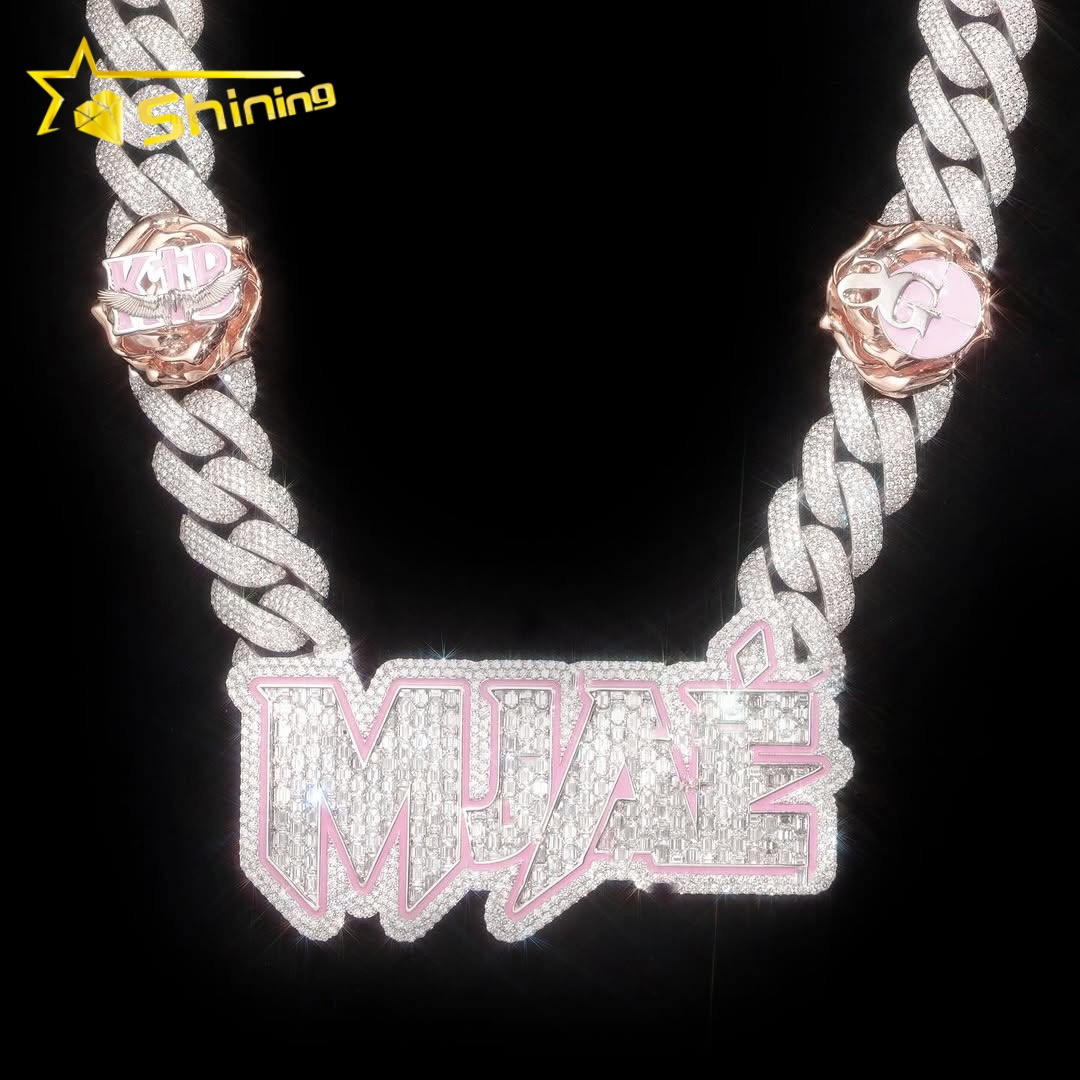 10K Solid White Gold VVS1 Lab Grown Diamond Jewelry Luxury Design Pink Enamel Baguette Diamond Name Cuban Chain Necklace