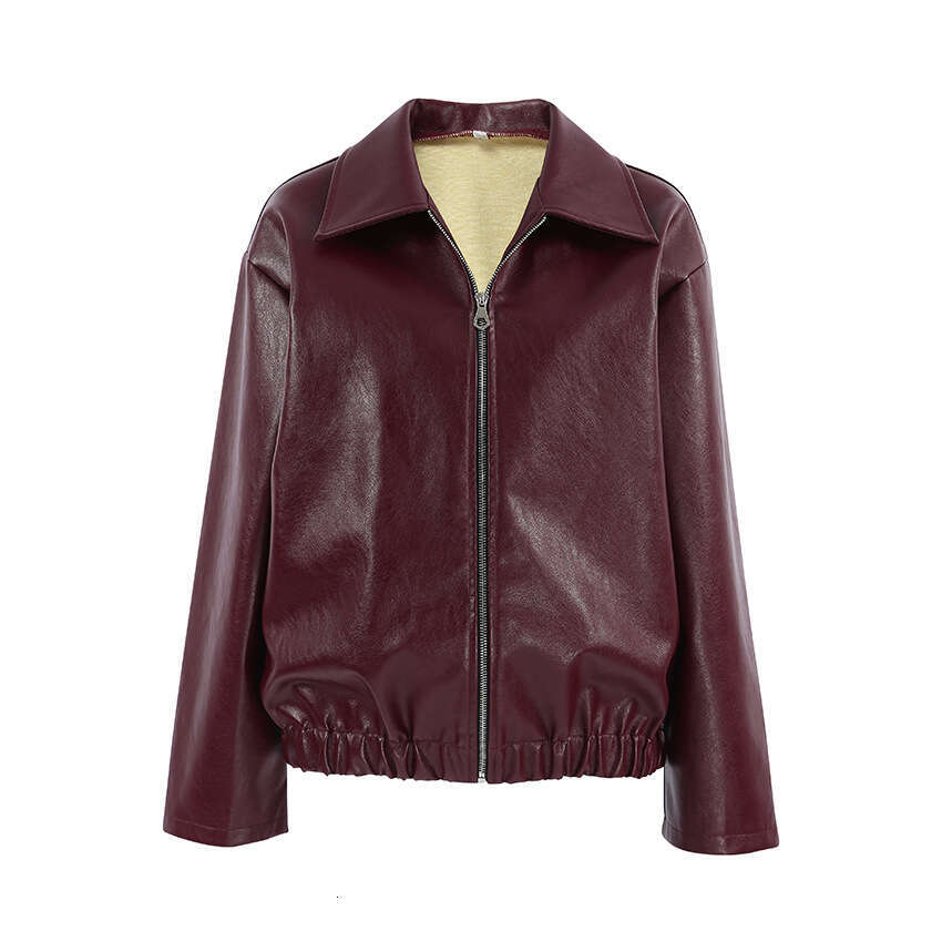Angora Red Jacket Leather Motorcycle Girl Fashion Coat Autumn Winter New Niche Top Women's Elegant B3