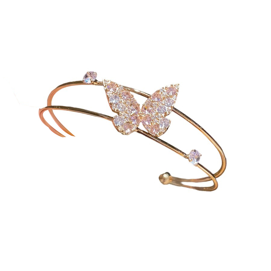 Gold-Tone Double-Layer Open Bangle With Crystal-Encrusted Butterfly Accent & Tiny Crystal Details, Sweet Sparkly Style, Ideal For Elevating Feminine D