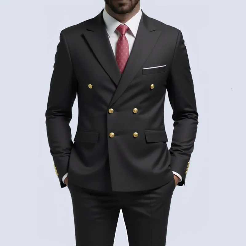 Men Double Breasted Suit Black Slim Fit High Quality Wedding Costume Party Prom Gold Button Male Suits W250910