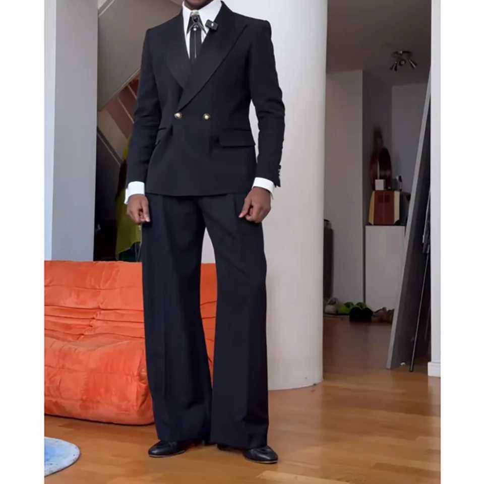 Black Loose Casual Double Breasted Mens 2 Piecs Suits Jacket Pants Daily Social Party Business Style W250910
