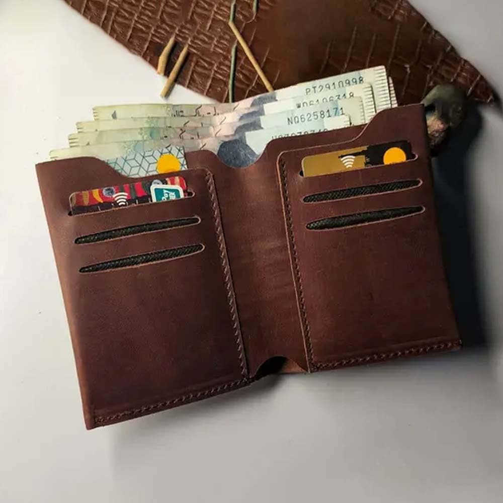 Leather Wallets For Men Vertical Bifold Wallet with 6 Card Slots BrownZ250910