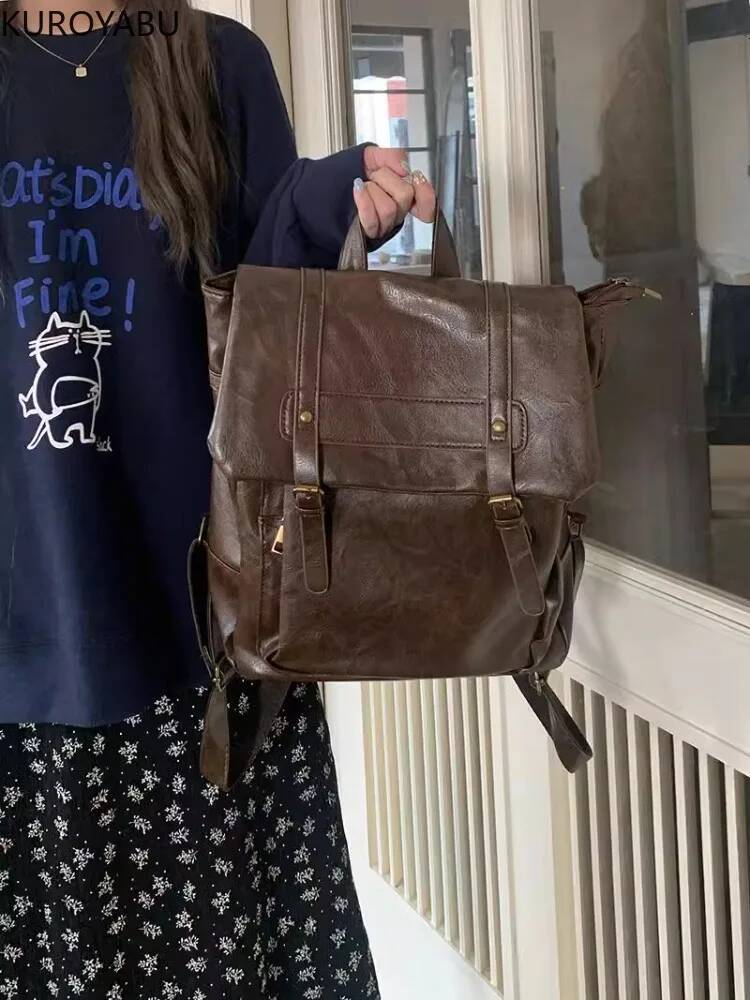 Vintage Brown Jk Backpacks Women High Street Preppy Style Pu Leather Backpack Ladies Haruku Casual School Bag Fashion Y2k Bags high-quality