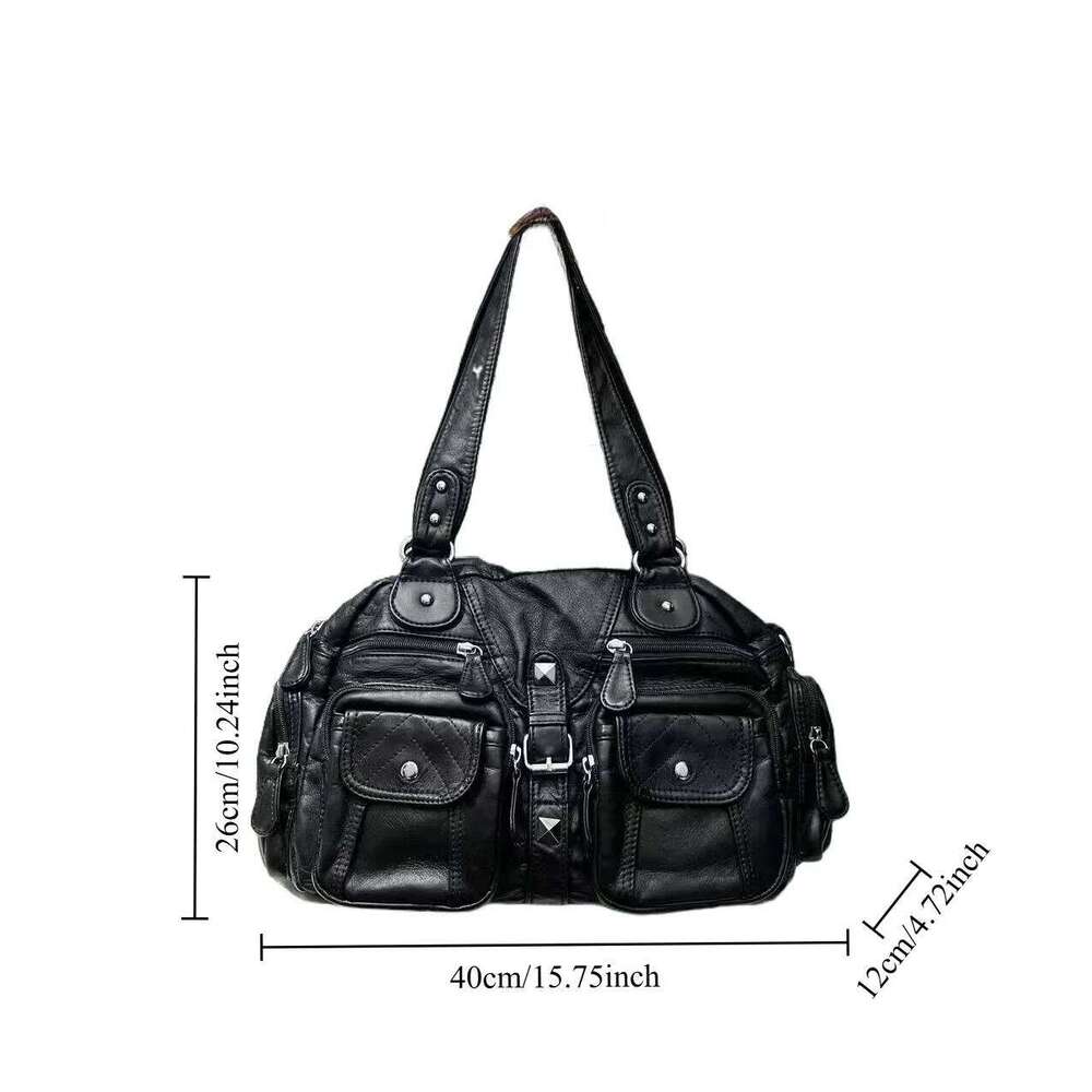 Ladies' Fashionable Retro Vintage Hot Girl Motorcycle Tote With Large Capacity Y2k Washed Vegan Leather Shoulder Bag