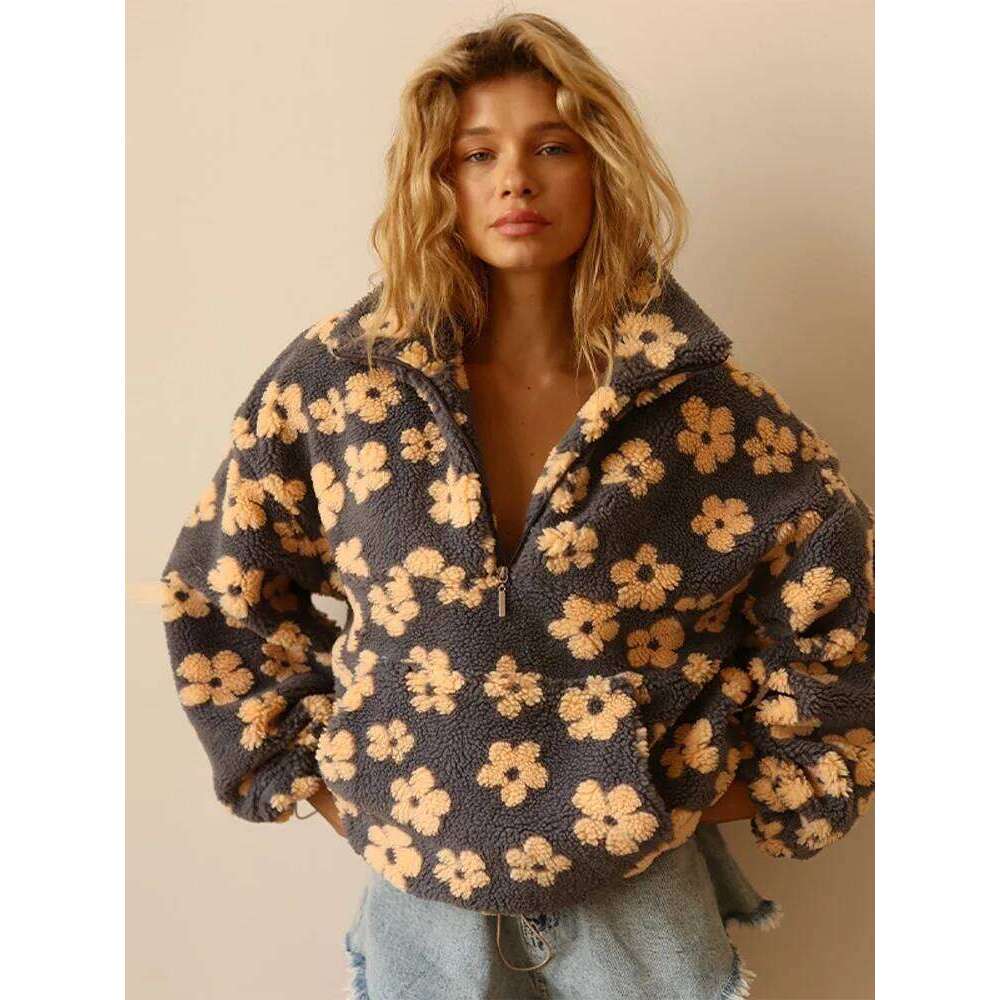 Designer Clothing 2025 Fashionable Long Sleeve Zipper Hoodie Loose Fit Lamb Fur Printed Women's Spring New Arrival Cross-Border Clothing Streetwe