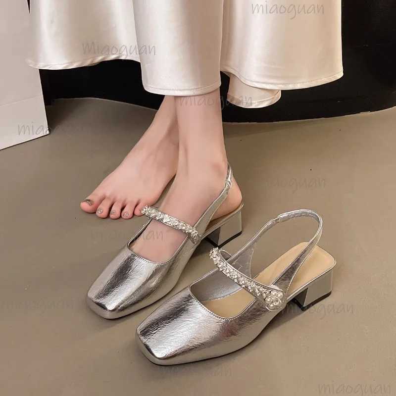 Womens Sandals Covering Toe Mid Heel High Heel Mary Janes Single Shoes Summer Fairy Style with Skirts Rubber Bottom Square Head W250910