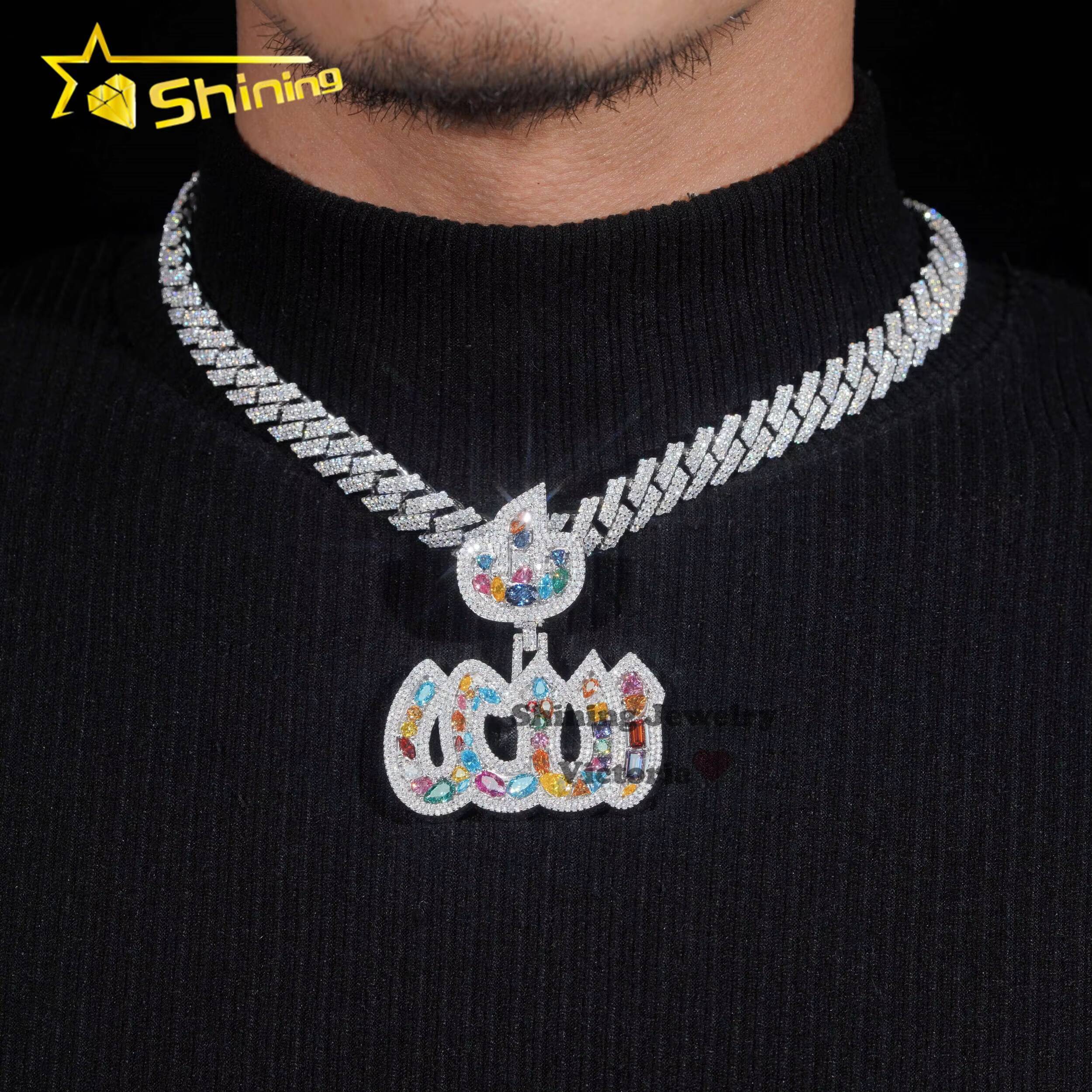 Custom Iced Out 925 Silver Fashion Jewelry Pendants Charms Hip Hop Soild 2 VVS Moissanite Colorful Diamond Fire Allah Pendant
