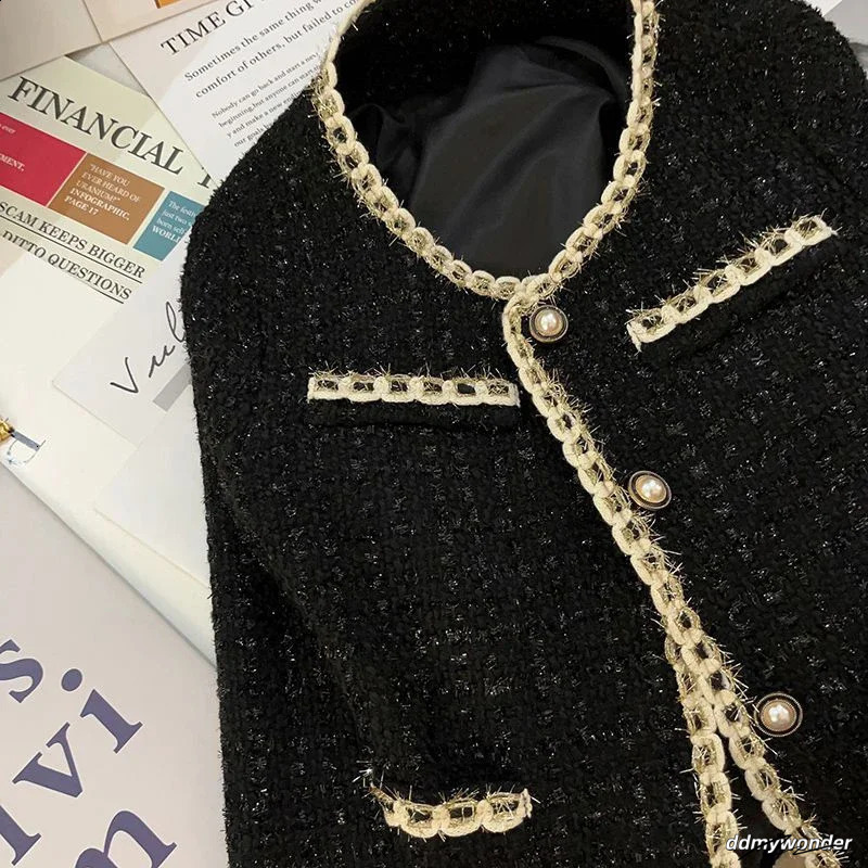 Black Short Jacket Temperament Elegant Tweed Jackets For Women Autumn And Winter Korean Office Lady Cropped Outerwear 240821