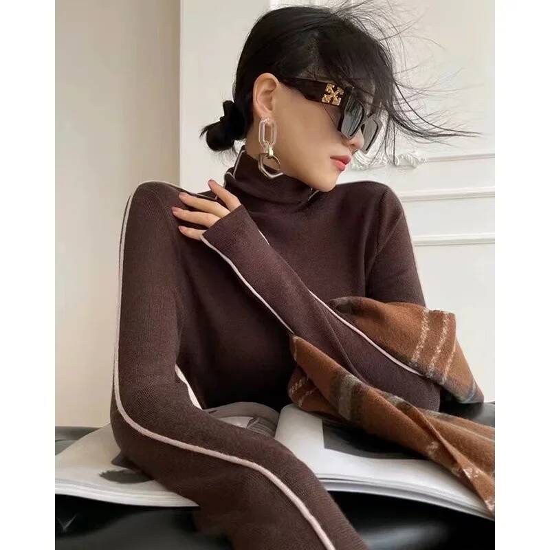 High Neck Knitted Sweater Women Autumn Winter Trendy Color Blocking Slim Fit Sweaters Female Base Simplicity Long Sleeved Tops dongdumaoyi