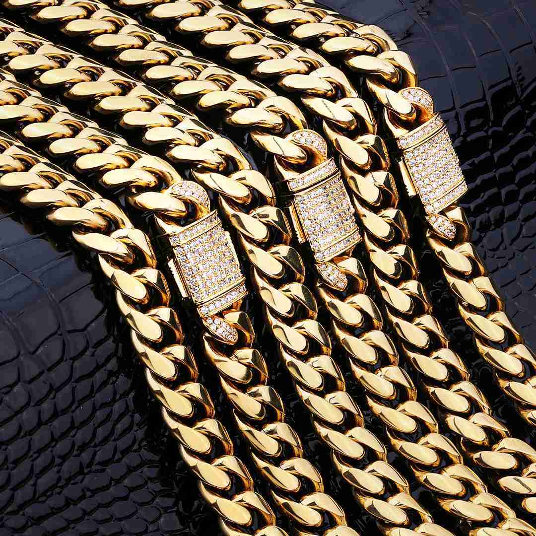 12mm Bling CZ Diamond Buckle Bracelet Necklace Women Jewelry Mens Heavy 18K Gold Plated Stainless Steel Miami Cuban Link Chain
