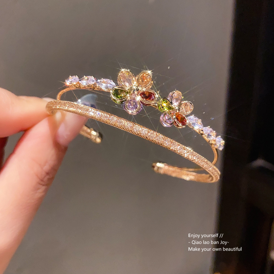 Gold - Toned Bangle With Flower - Shaped Colorful Gemstones, Sparkly Pave Design Delicate Daily & Elegant Jewelry Gift For Her High - Quality And Char