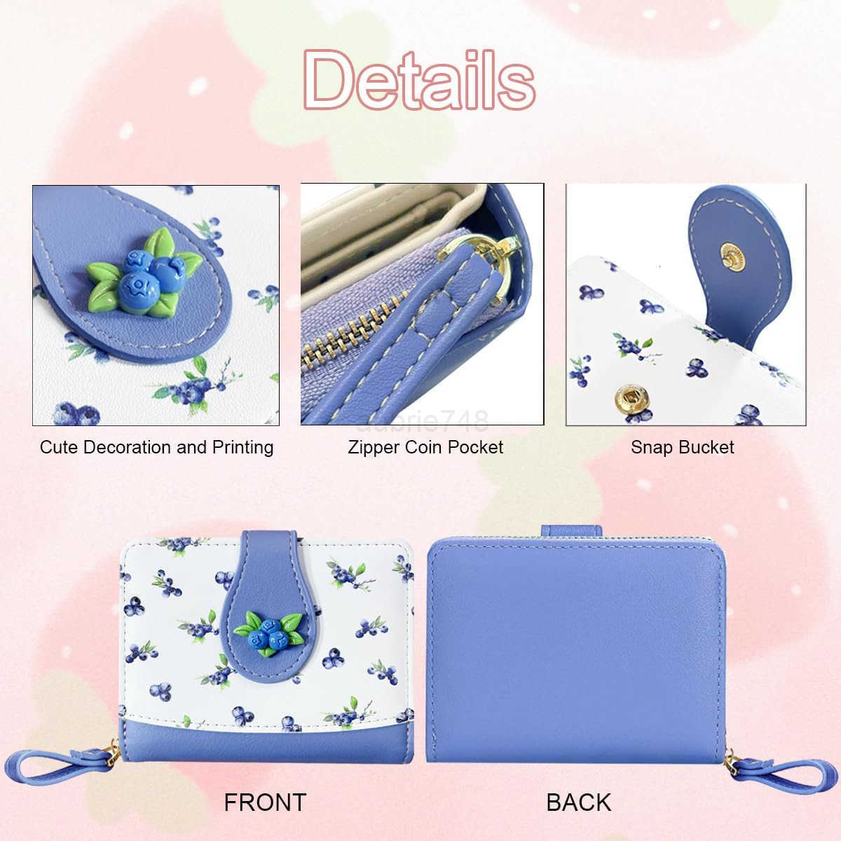 Cute Print Wallet Blueberry Strawberry Cherry Wallet with CARD Slot Zipper Coin Pocket for Women Girls PURPLEZ250910