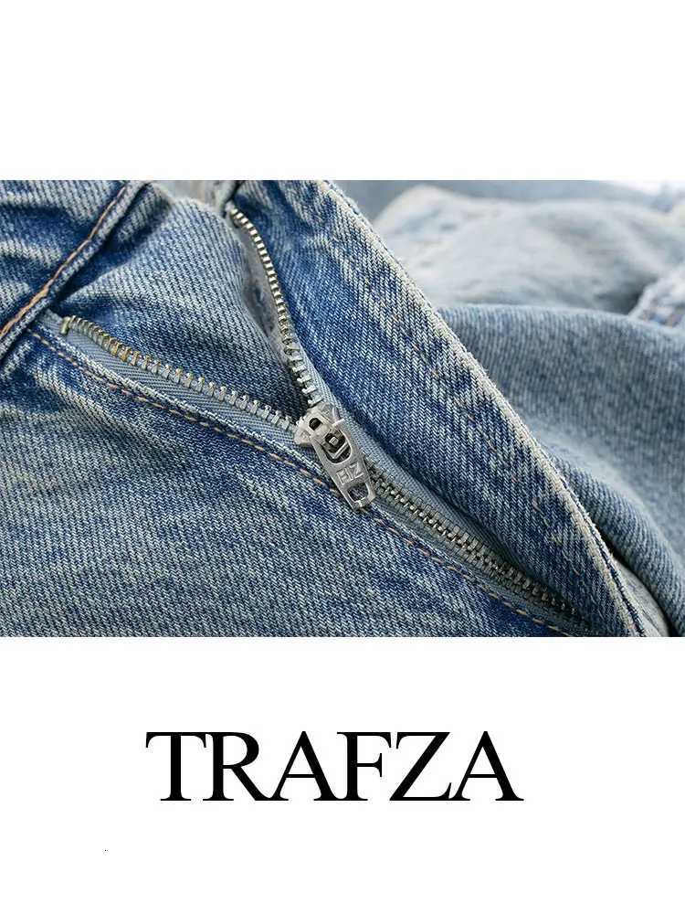 TRAFZA 2024 Vintage Denim Jeans For Women 2 Colors High Waist Zipper Fly Ripped Distressed Patchwork Causal Straight Trousers Z250910