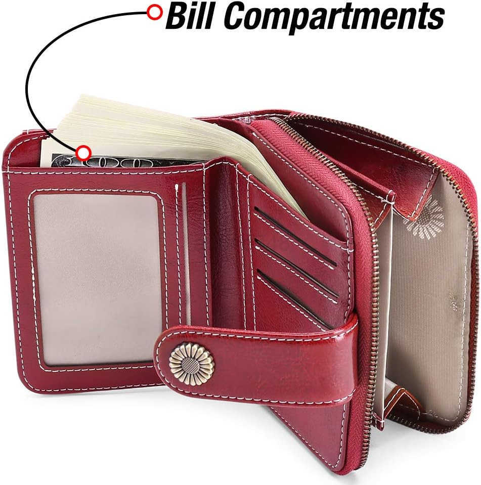 Wallet for Women Leather Small RFID Blocking Bifold Zipper Pocket Card Holder with ID Window Wine RedZ250910