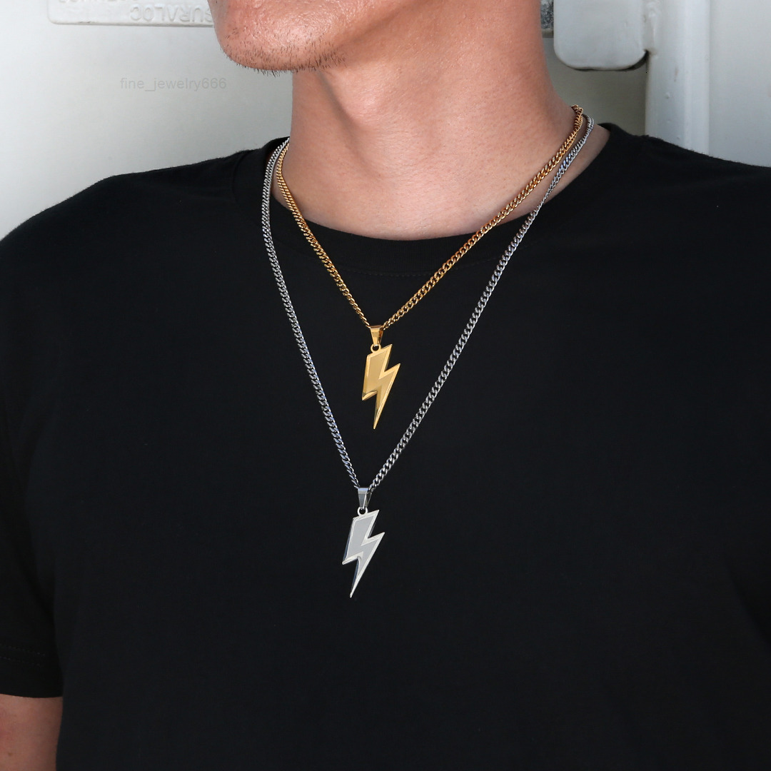 KRKC Fashion 22inches White 18k Gold Plated 316L Alloy Stainless Steel Lightning Necklace Pendant