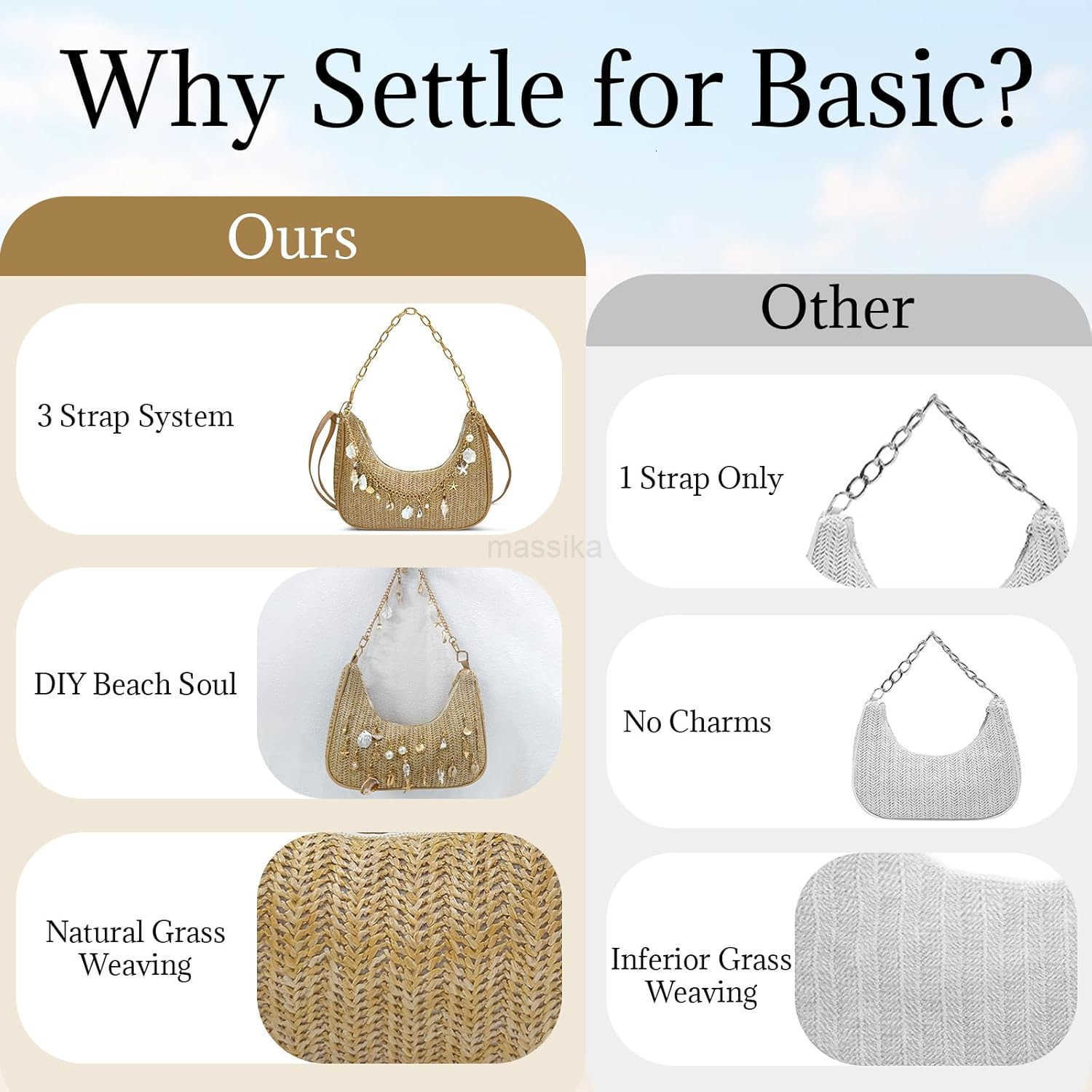 Beach Purse Straw Shoulder Bag for Women Summer Purse with Shell Pearl Bag Charms 2Pcs Detachable Strap Chain M250910