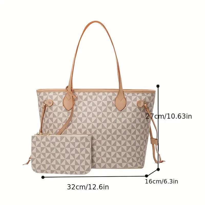 2Pc Women's High-Quality Light Print Commuting Fashion Large Capacity Tote Classic Son Mother Brown Printed Shoulder Bag