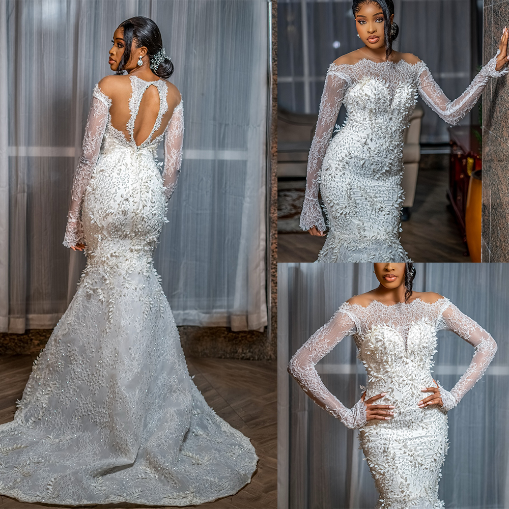 Sexy Mermaid Wedding Dress Appliques Lace Backless Bridal Gowns Jewel Neck Long Sleeves Sweep Train Dresses Custom Made vestidos de novia