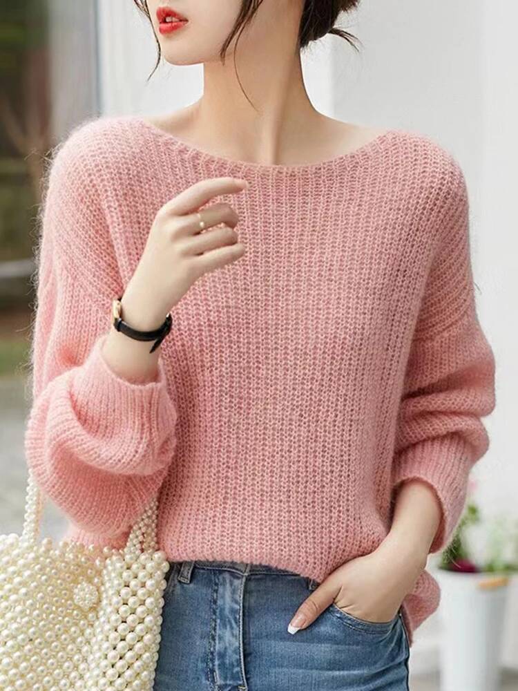 Elegant See-through Pullover Loose Jumper Autumn Winter Soft Warm Women Knitwear Sweater Basic Solid Cashmere Tops dongdumaoyi