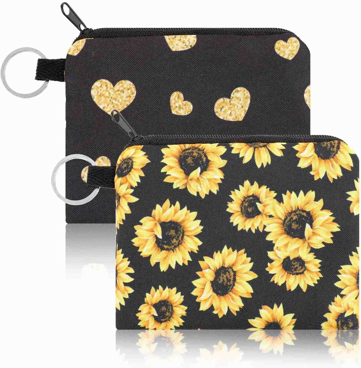 2 Pcs Sunflowers Coin Purse Fabric Coin Pouch with Key Ring Zipper Heart Coin Bag Small Black Canvas Purse Pouch Travel Portable Keychain WalletZ25091