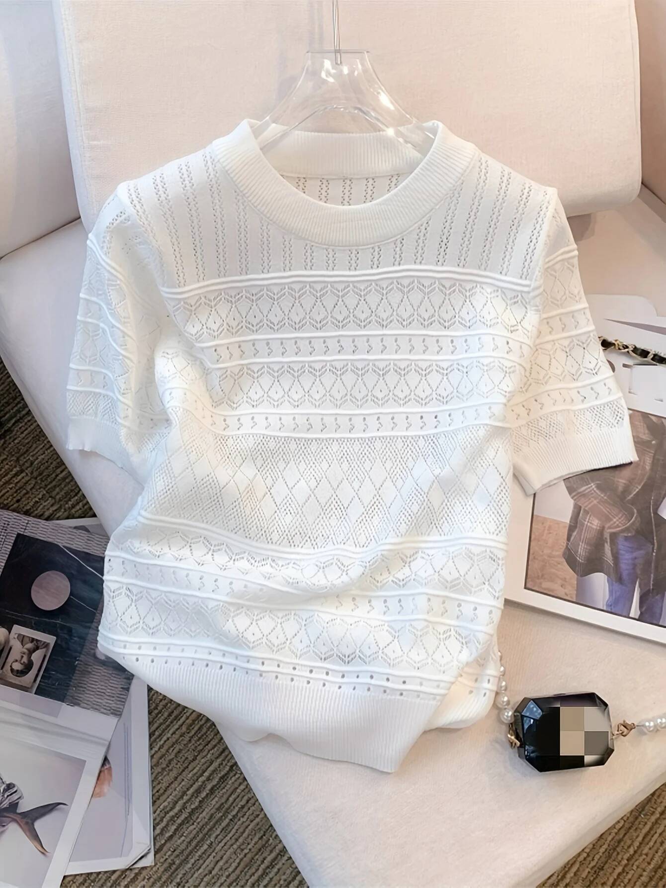 2026 New Summer Thin Hollow Out Crew Neck Pullover Sweater Versatile Short Sleeve Knitted Top For Spring & Women's Clothing dongdumaoyi