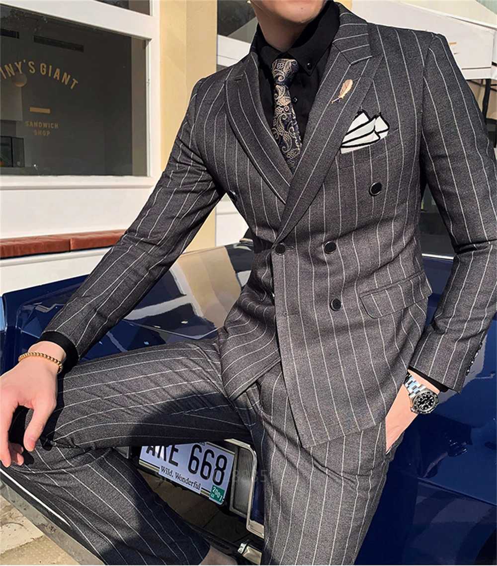 Vertical Stripe Mens Suit Homme Slim Fit Business Korean Edition Double Breasted Suit Wedding Banquet Set of 2 Pieces W250910