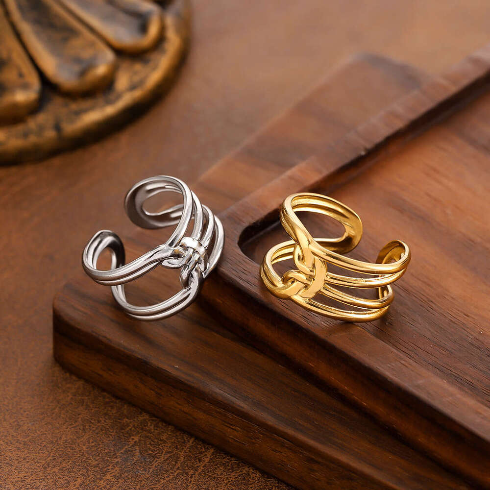 New Elegant Line Knot Design Open Stainless Steel for Women, Vacuum Gold Plated, Non-Fading Ring