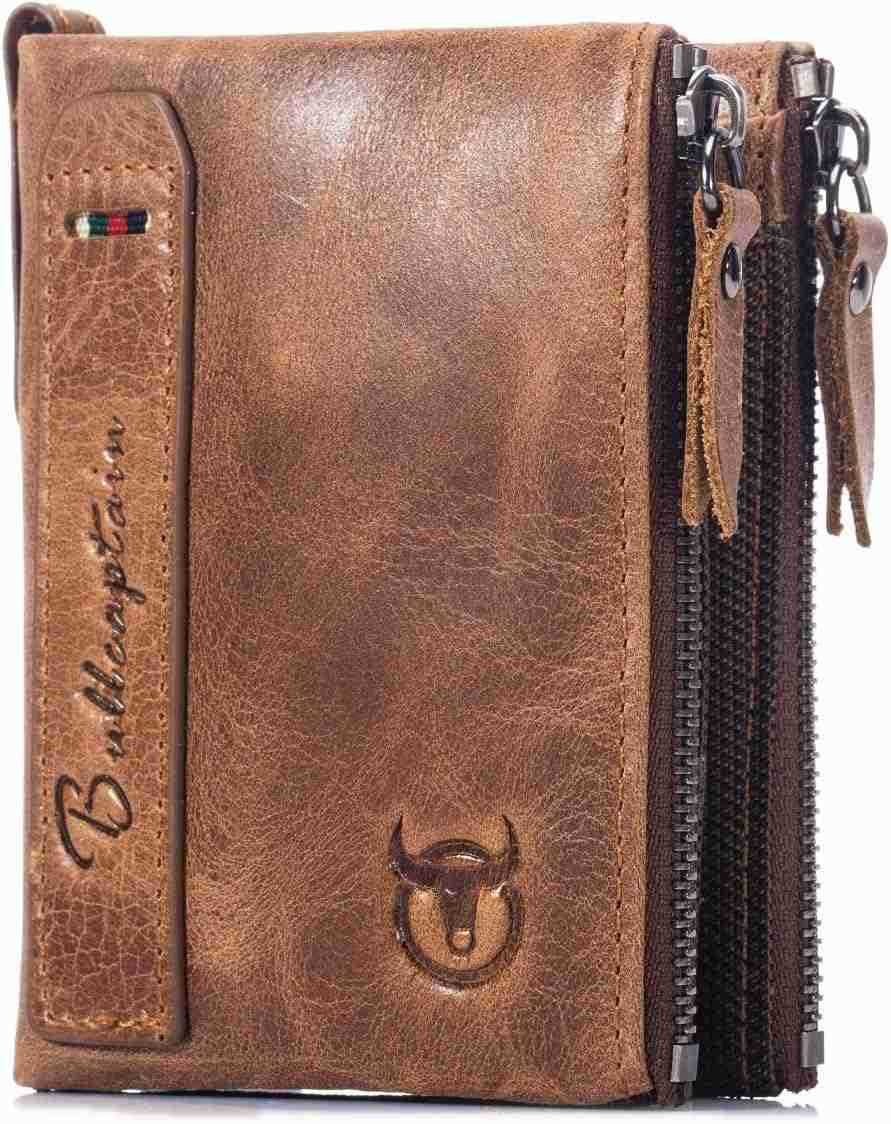 Genuine Leather Wallet for Men Vintage Bifold with Double Zipper Pockets BrownZ250910