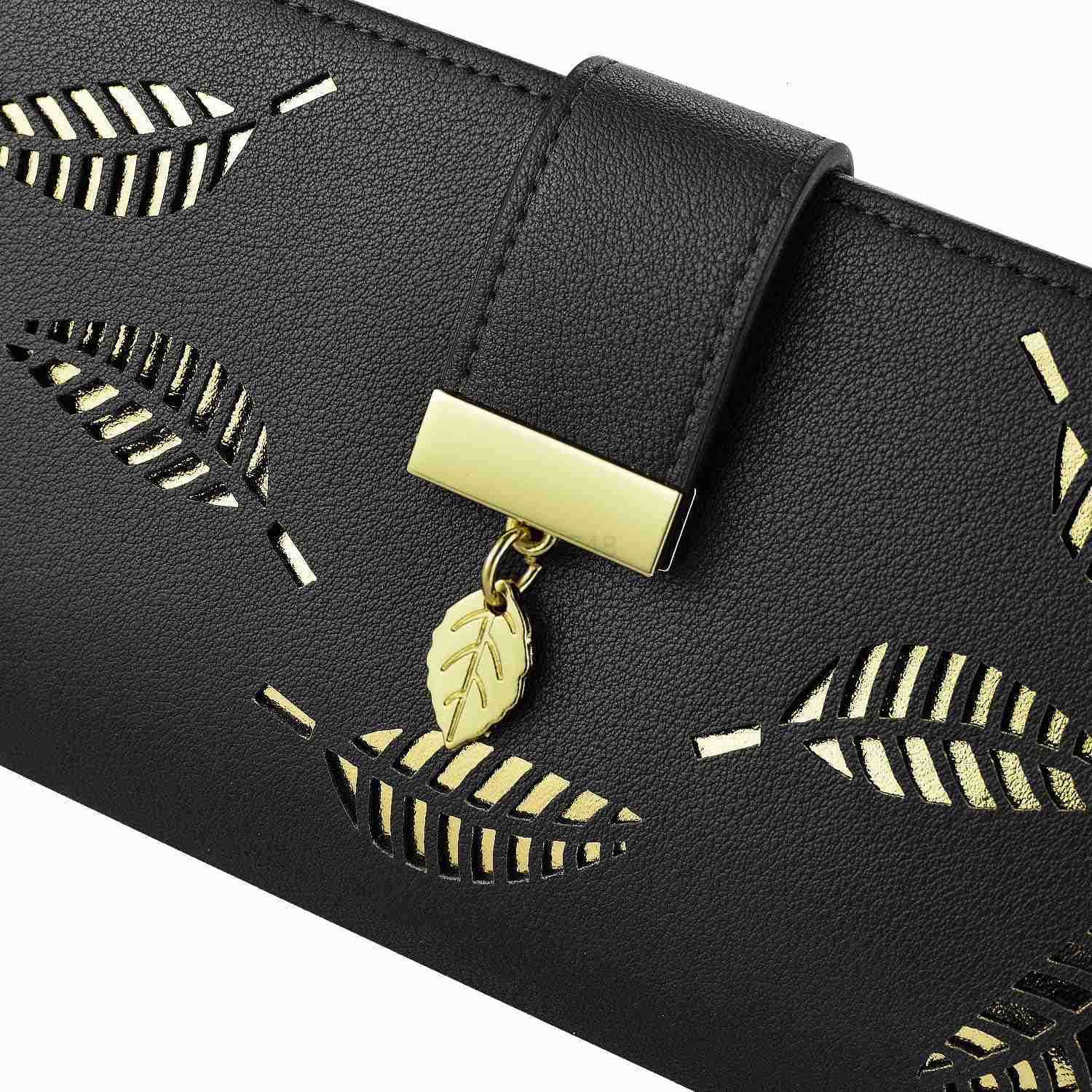 Womens Wallet Women CARD Holder Hollow Leaf Pattern Bifold Leather Lady Long Wallet Purse Zip Birthday Xmas Gifts for Women GirlsBlackZ250910