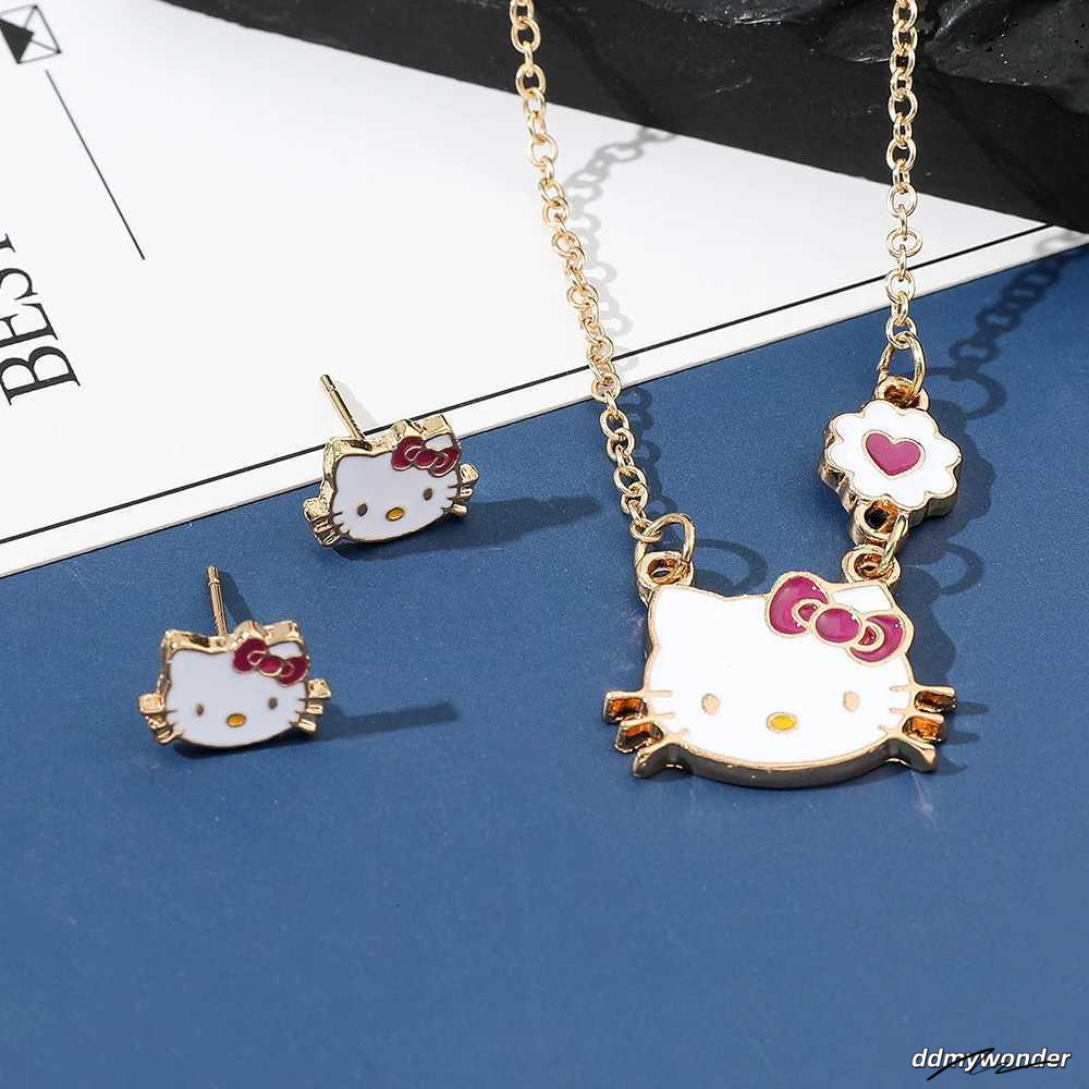 Charming Kitty Jewelry Set - Cute Animal Stud Earrings And Pendant Necklace For Children's Festive Gifts