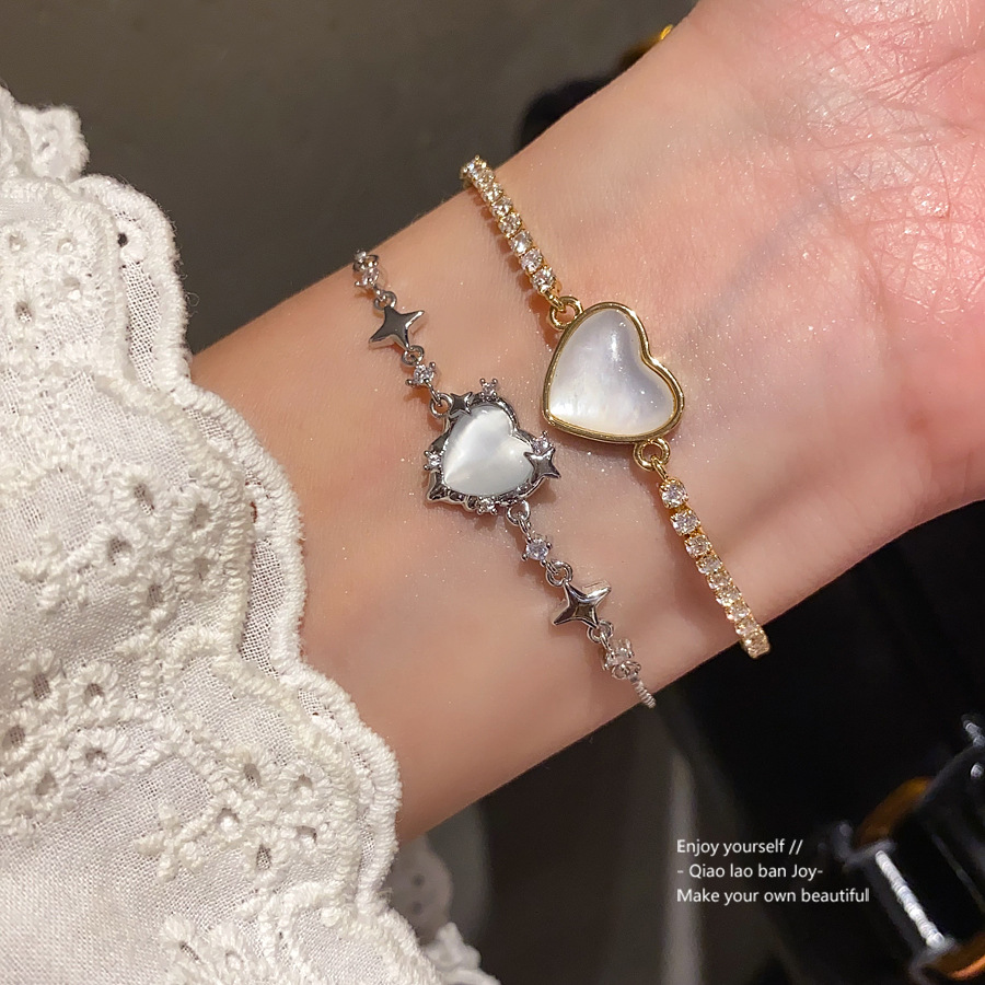 Silver - Toned Bracelet With Heart - Shaped Mother - Of - Pearl, Star Accents And Dainty Chain Delicate Daily & Elegant Jewelry Gift For Her High - Qu