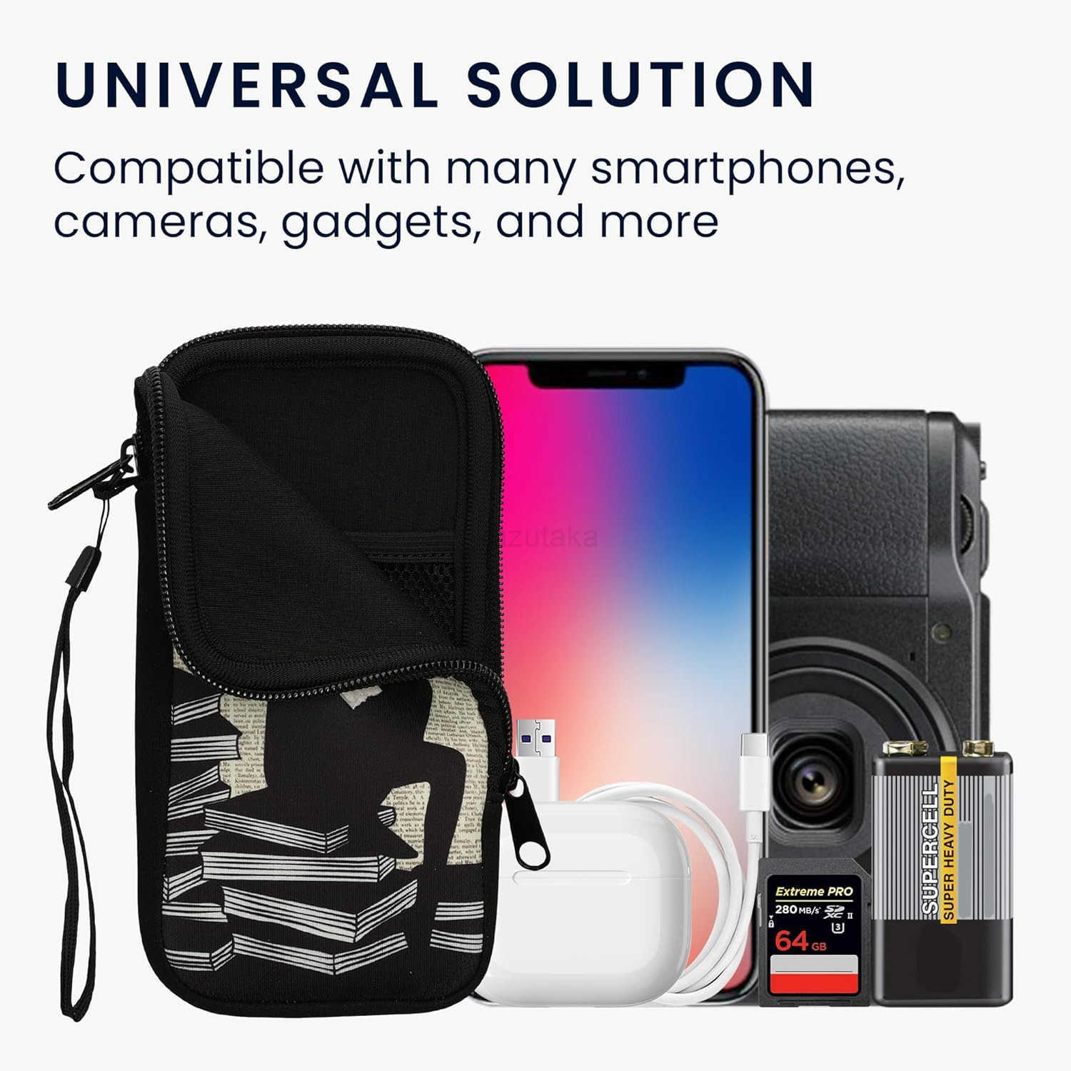 Neoprene Sleeve for Smartphone Size XXL 7 Shock Absorbing Pouch Case Protective Phone Bag Girl and Books BlackBeige Z250910