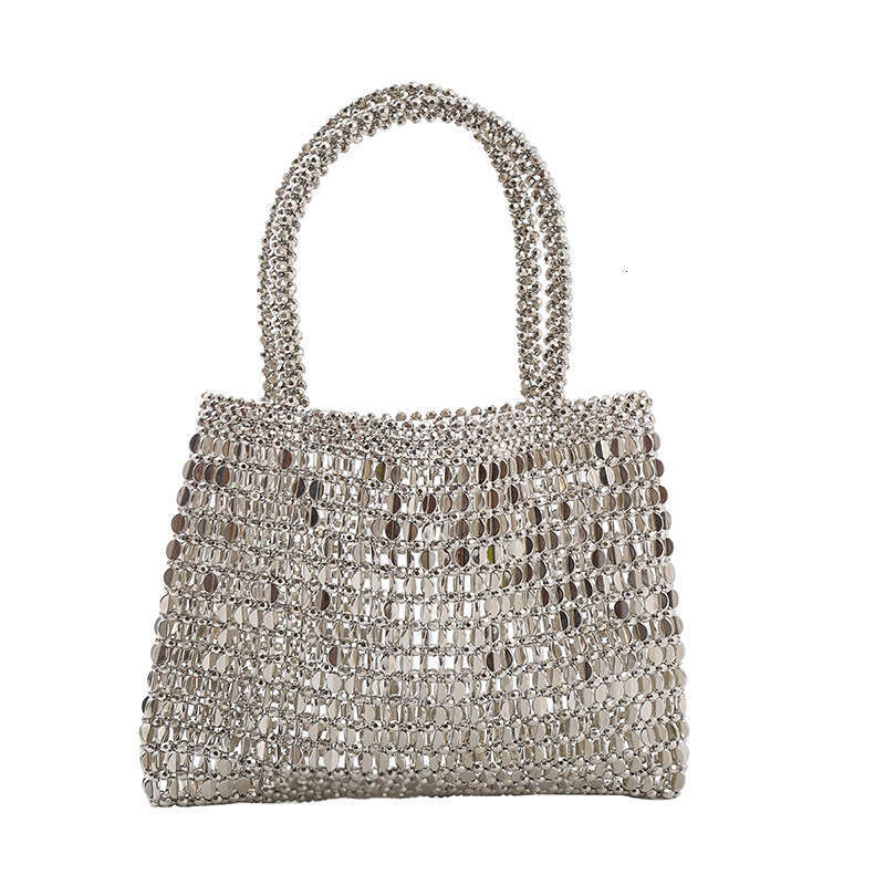 Style Fashion Handwoven Handbag Summer Trendy Stylish silver Shiny Versatile Beaded Ins Shoulder Bag