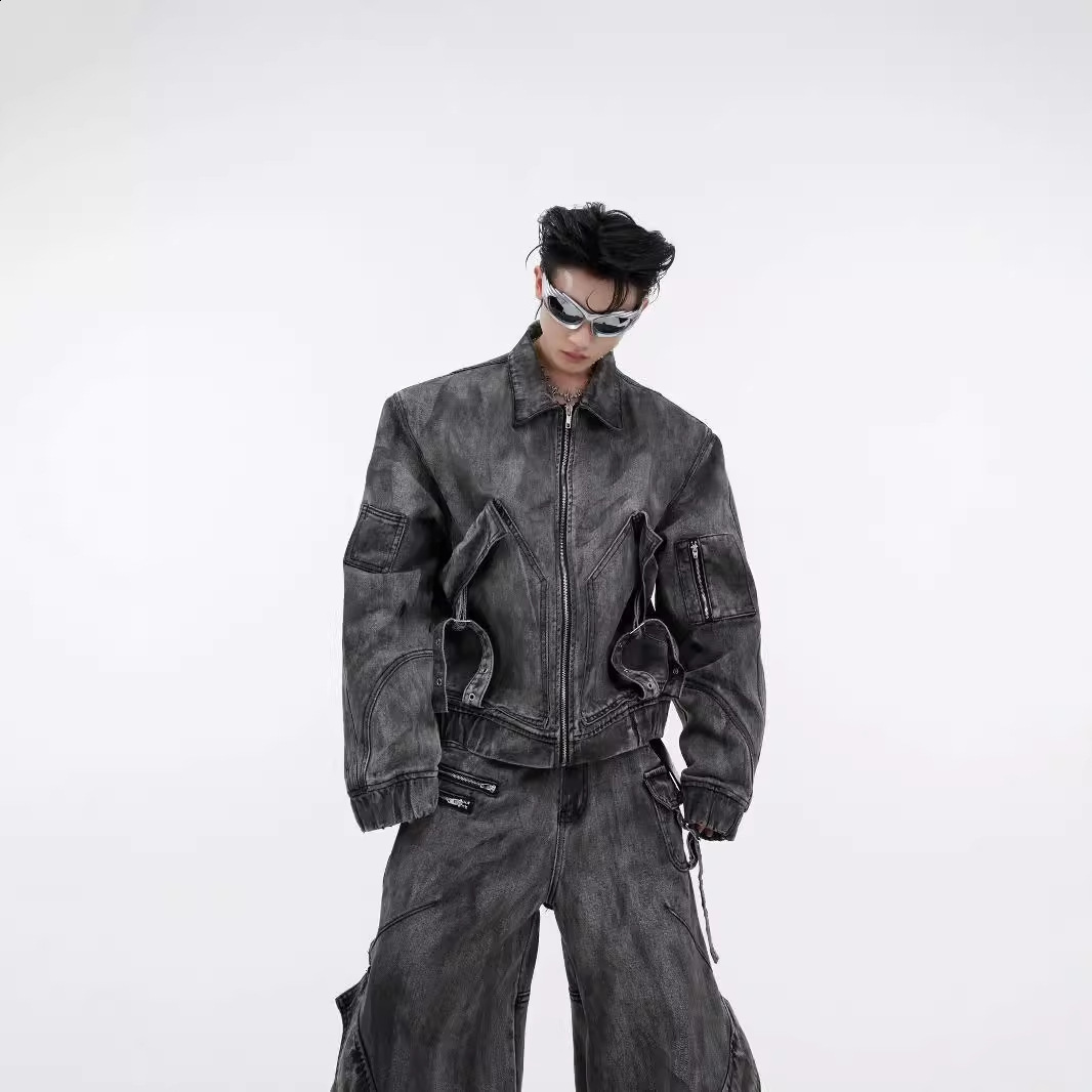 NOYMEI fashion mens denim two-piece set solid color autumn winter black cargo wide leg jeans short jacket WA3035 241030