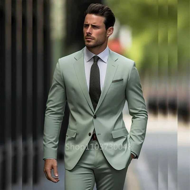 2 Piece Formal WeddingBusiness Men Suits High Quality GreenBlue Fashion Notch Lapel Blazer Pants Slim Fit Groom Party Tuxedos W250910