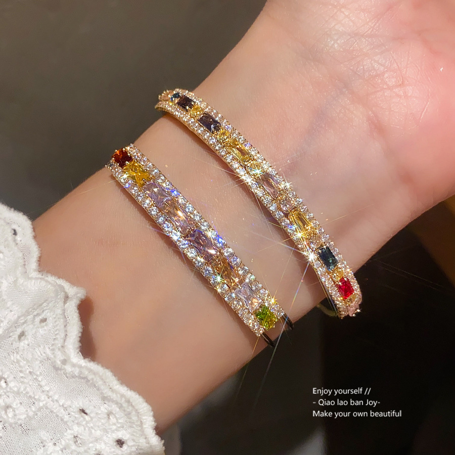 Gold-Tone Open Bangle With Mixed Color Baguette-Cut Crystals White Pave Detailing, Vibrant Luxe Style, Perfect For Elevating Party