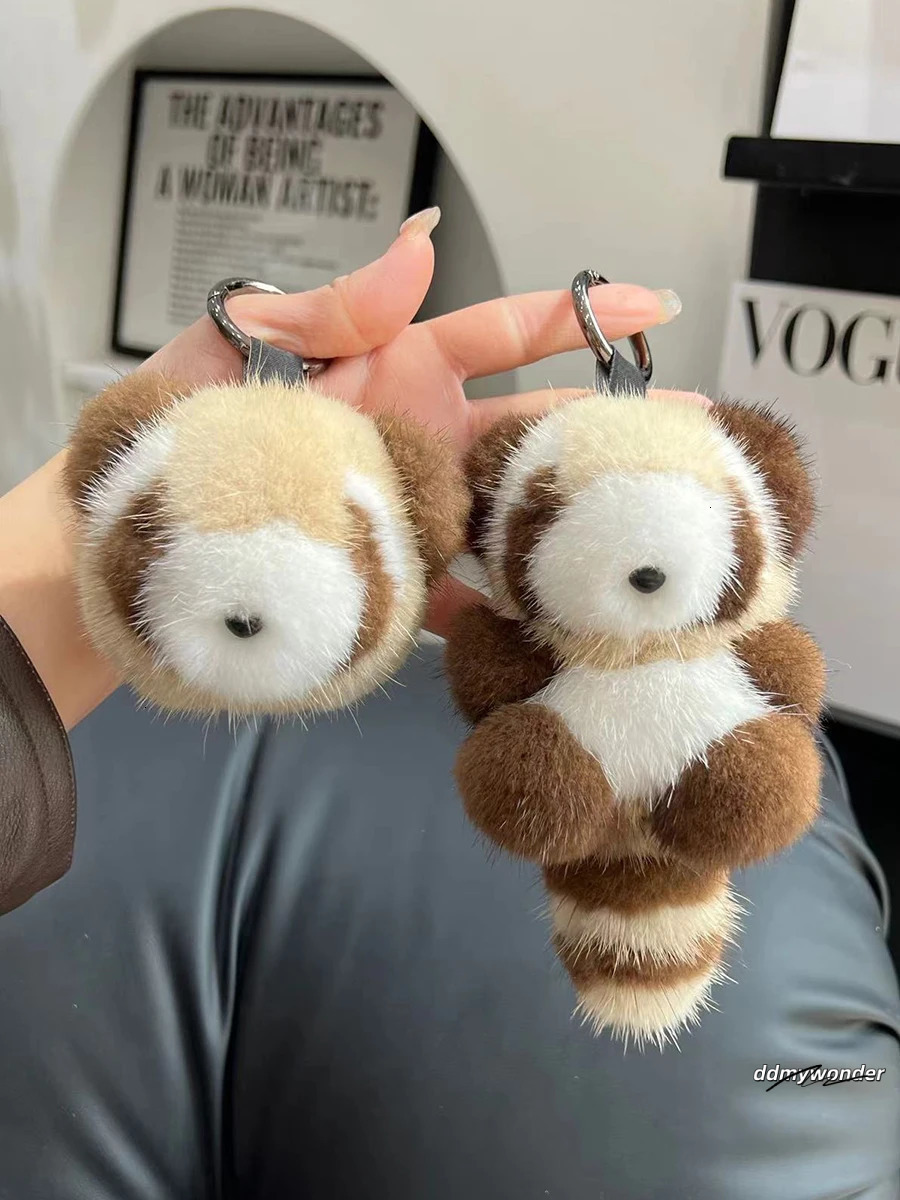 Cute Raccoon Real Mink Fur Keychain Plush Toy Trinkets Women Bag Hanging Ornaments Car Key Metal Ring Pendant Kids Classic Gift 250110