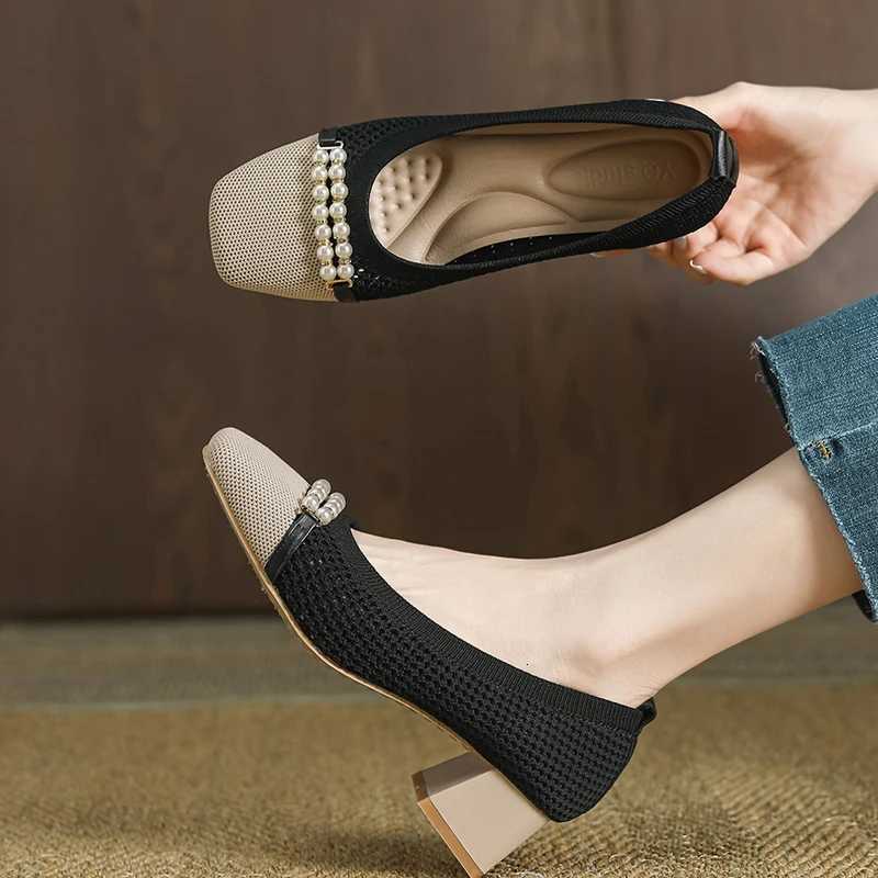 Womens shoes breathable hollow knit fashionable and beautiful bow tie beaded high heels for spring and autumn 20235cm high W250910