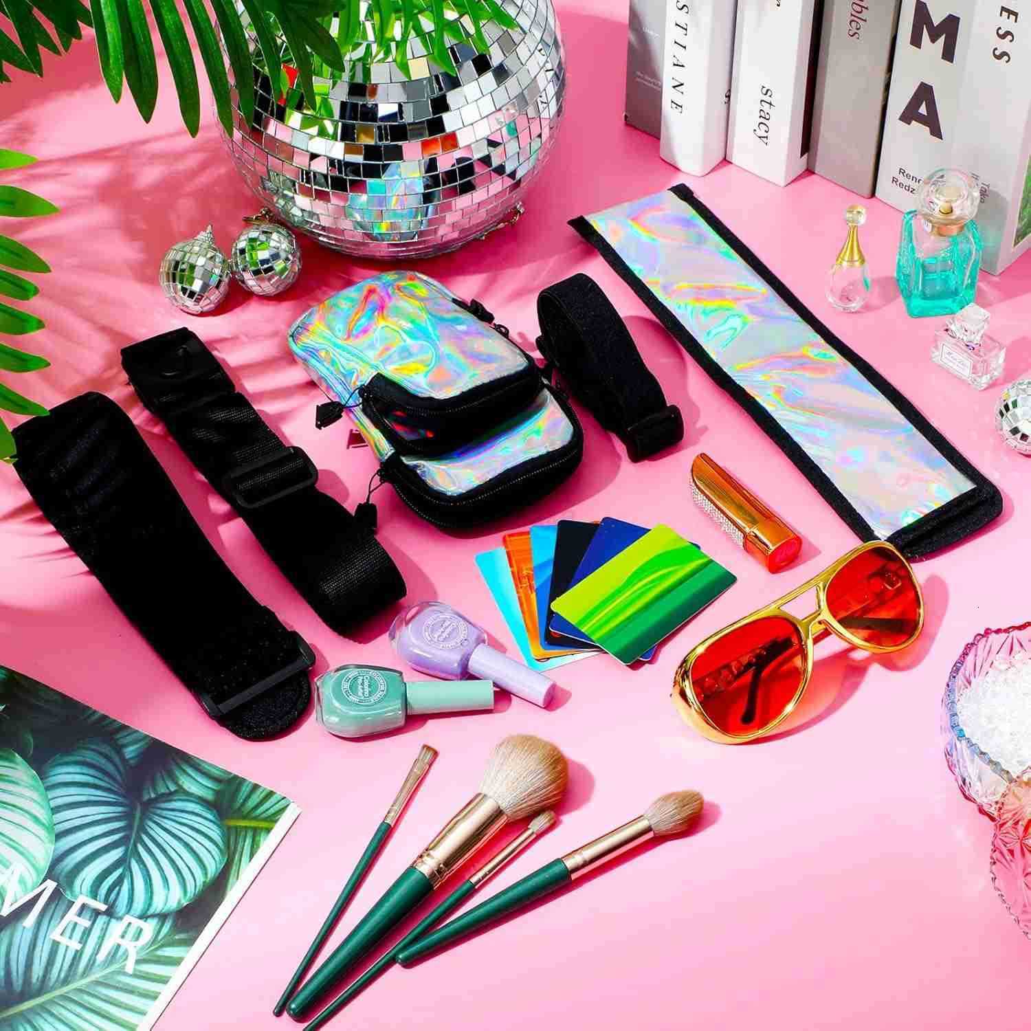 Bag with Cell Phone Pocket Fan Case Bag with Arm Leg Band Buckled Zippers and Hidden Zipper Pocket for Music Raves and Circuit PartyLaser Silver Z2509