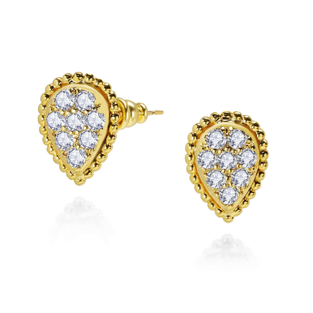 Full Dia Beaded Water Drop Single Flower Brass Electroplated Inlaid Zircon French Minimalist Design Earrings