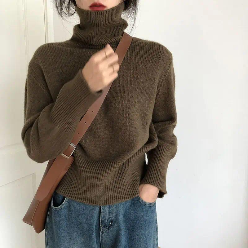 Elevated Knitwear Autumn New Bottoming High Neck Sweater Solid Color Vintage Knitwear Tops Oversized Sweater Women Jumper Streetwear