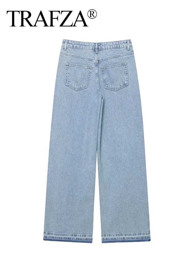 TRAFZA Womens Jean Lace Hollow Out Patchwork High Waist Denim Trouser Ladies Office Commute Streetwear Woman Wide Leg Long Pant Z250910