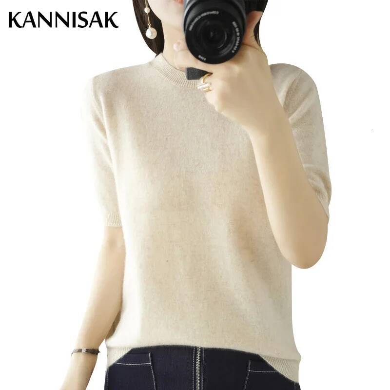 2025 Spring Summer Womens Sweater Short Sleeve O-neck Slim Fit Knitted Pullovers Bottoming Casual Knitwear Camel Pink Clothes dongdumaoyi