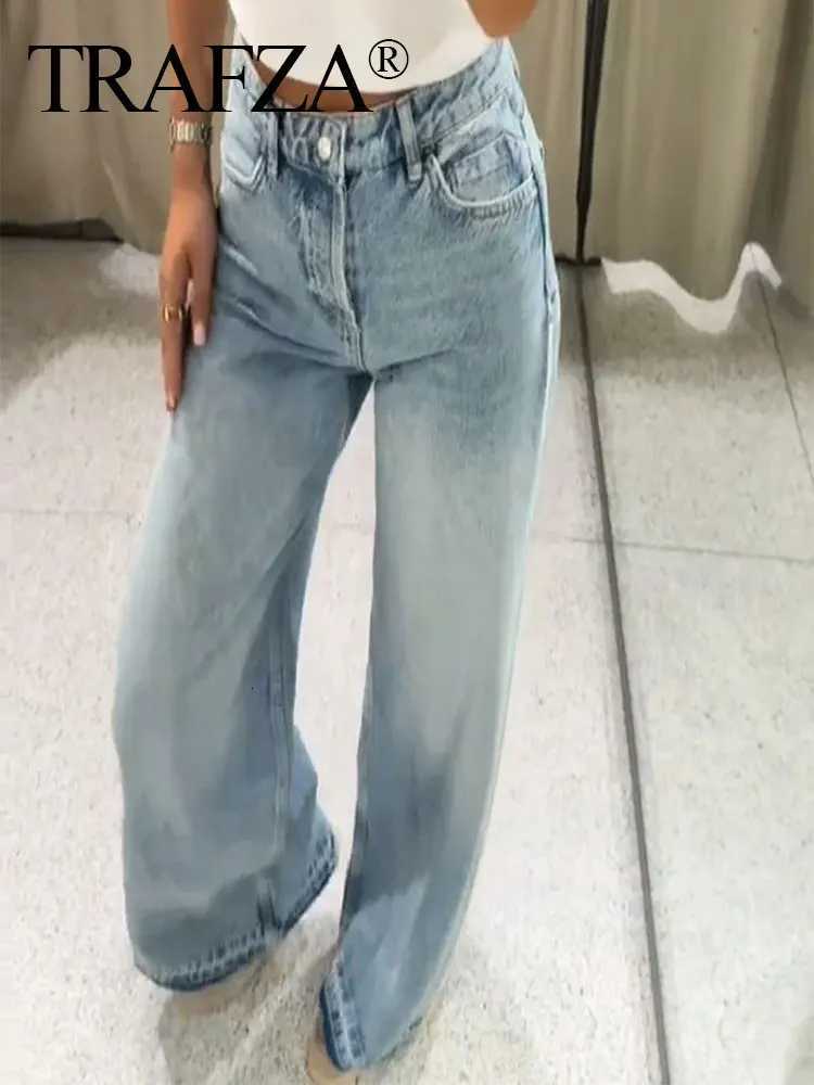 TRAFZA Womens Jean Lace Hollow Out Patchwork High Waist Denim Trouser Ladies Office Commute Streetwear Woman Wide Leg Long Pant Z250910