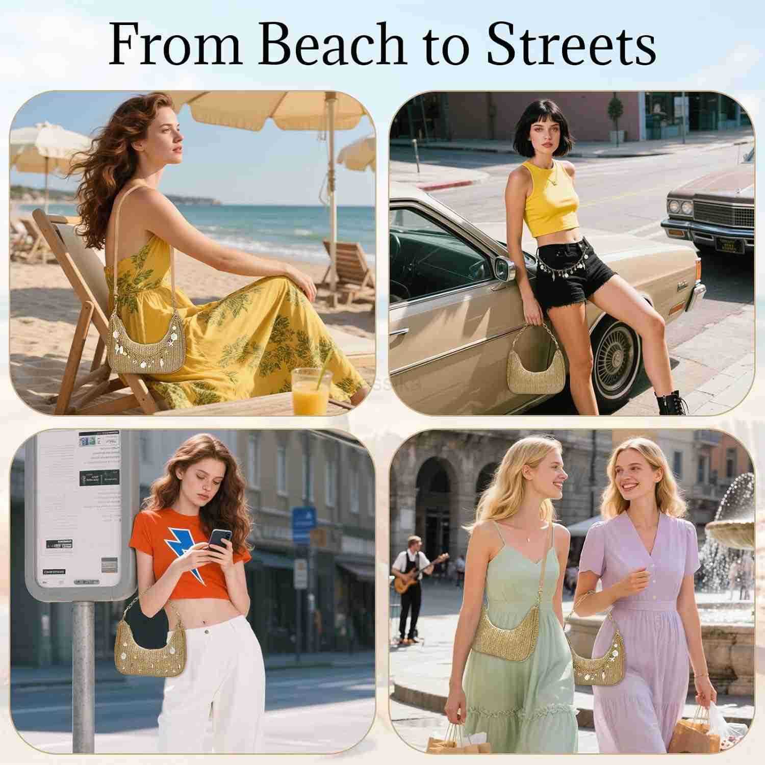 Beach Purse Straw Shoulder Bag for Women Summer Purse with Shell Pearl Bag Charms 2Pcs Detachable Strap Chain M250910