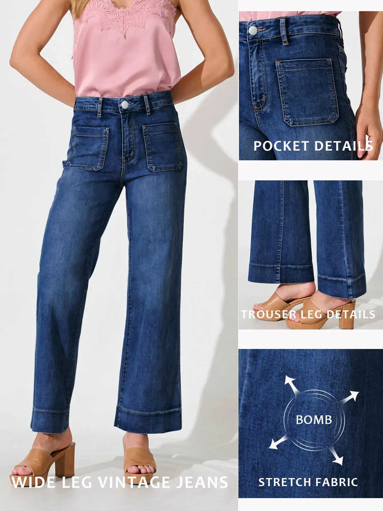 2025 New Womens Dark Blue MidRise Wide Leg Jeans Vintage Stretch Fabric Comfortable Soft Classic Casual Button Placket Jeans Z250910