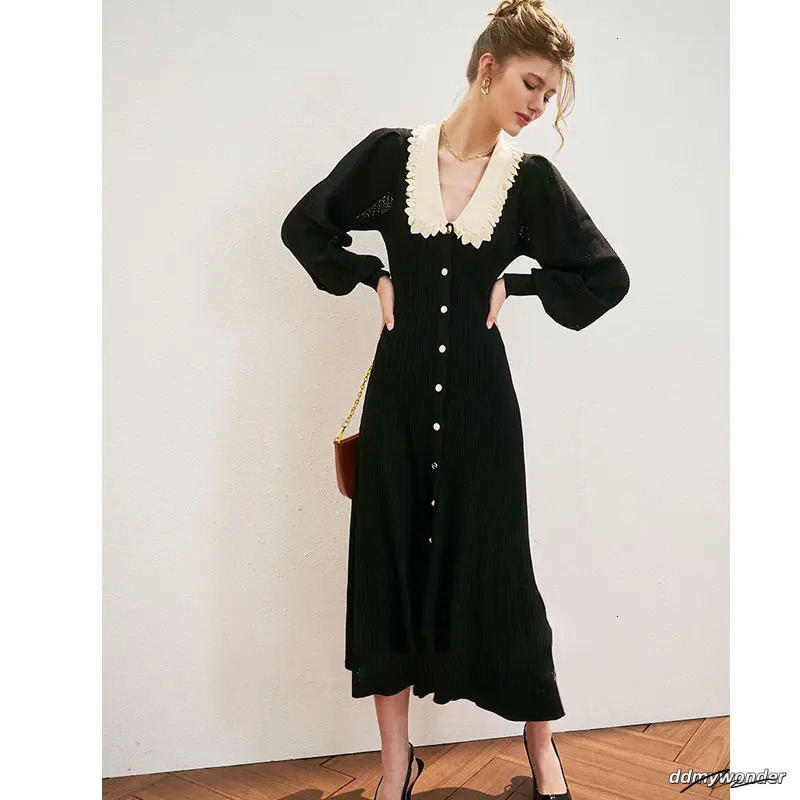 Vintage Knitted Long Sleeve From Korea Elegant Autumn/Winter Sweet Peter Pan Collar A-Line Womens Button Black Midi Dress Fashionable 241125 ddmywonde