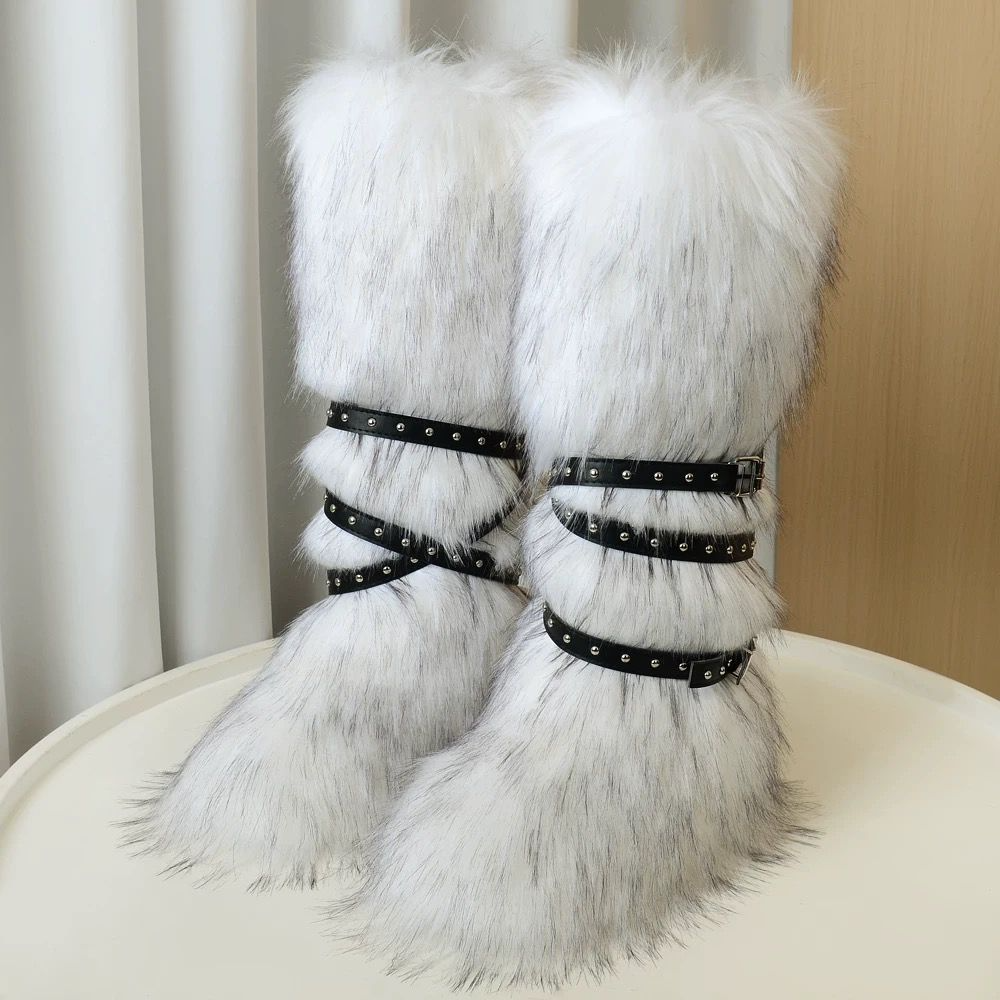 Hot girl sexy 40cm high top snow boots 2025 new cross belt buckle fur long fur boots