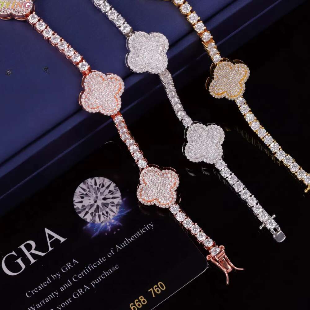 Hip Hop Ice Dia Four Leaf Clover Sier VVS Tennis Bracelet GRA Moissanite Bracelets Bangles