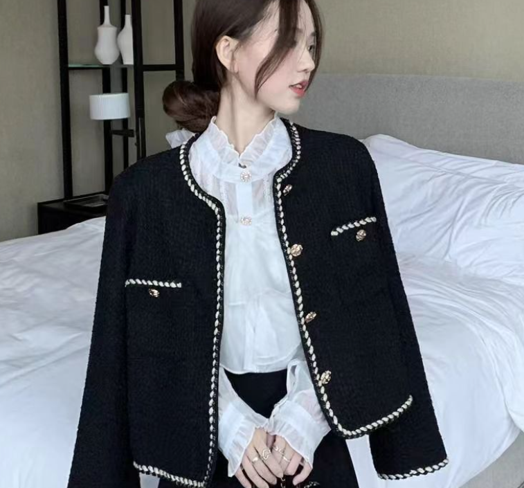 MEXZT Vintage Tweed Jacket Women Elegant Cropped Quilted Coat Commute Black Blazer Winter Ladies Korean Short Outerwear Tops 250718
